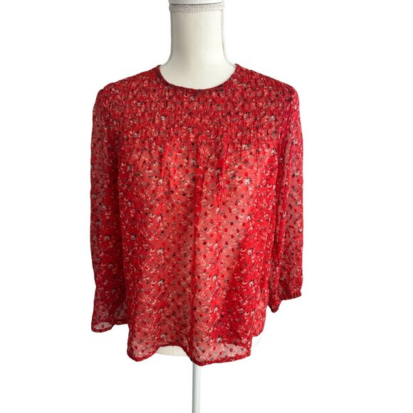 LUCKY BRAND Red Floral 3/4 Sleeve Sheer Blouse Size XS - Picture 1 of 6